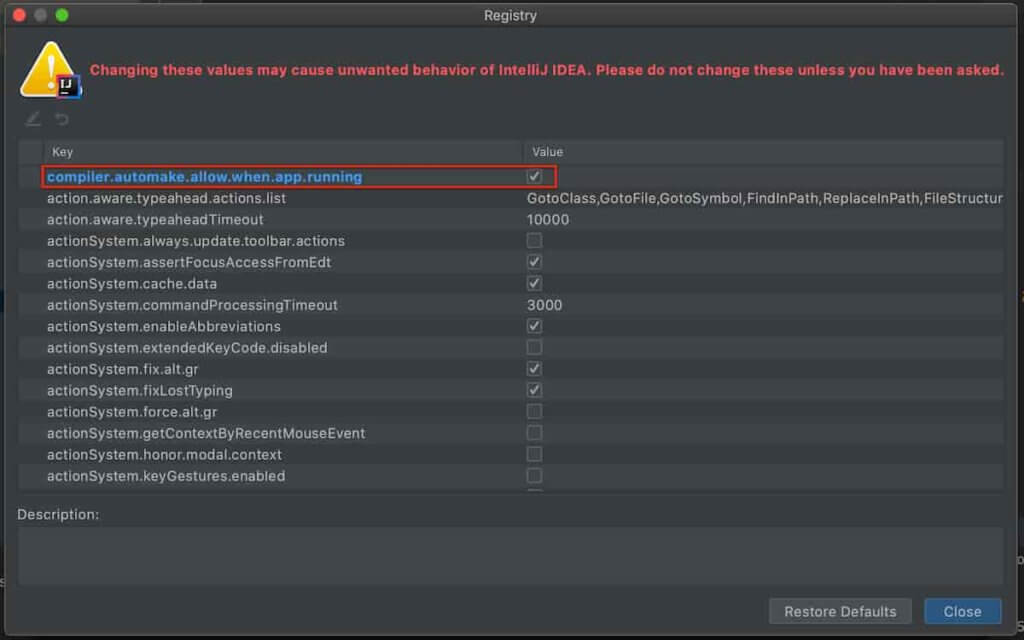 SHIFT + CTRL + A で表示されるウィンドウで「Registry」を検索し、 compiler.automake.allow.when.app.running にチェックを入れます。